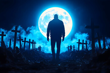 Man walks graveyard path, blue moonlit night