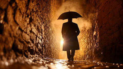 Man walks shadowy alley, umbrella, stone walls, fog
