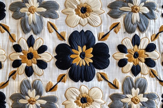 Intricate hand embroidery showcasing a repeating pattern of colorful flowers on a cream fabric.