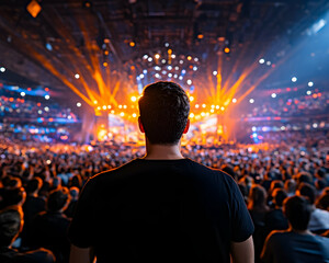 Man watching concert in arena, stage lights