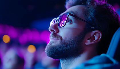 Man watching movie, theater, colorful lights, audience