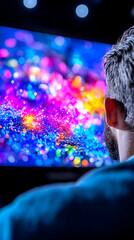 Man watching vibrant digital art on screen