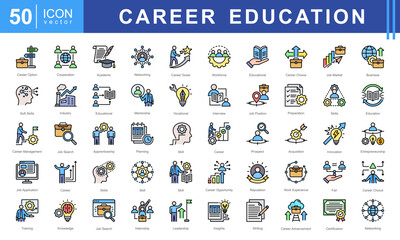 Career Education icon set featuring icons for job search, skill development, mentorship, training, and professional growth. Ideal for career planning, education, and workforce development projects.