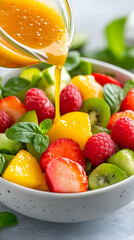 Mango dressing poured over vibrant fruit salad