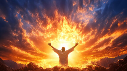 Man Worshiping Fiery Sunset, Mountaintop