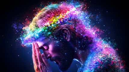 Man's Colorful Mind Exploding in Darkness