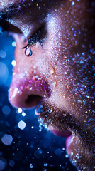 Man's face, close-up, glistening, blue background