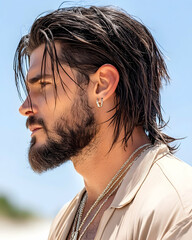 Man's Profile, Long Hair, Beach, Summer
