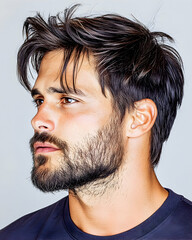 Man's textured hairstyle, beard, profile view, studio