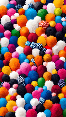 Many colorful pom-poms spread across entire frame for a vibrant textured abstract