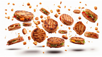 Delicious Flying and Falling Grilled Meat Patties Isolated on a White Background for Culinary Delights