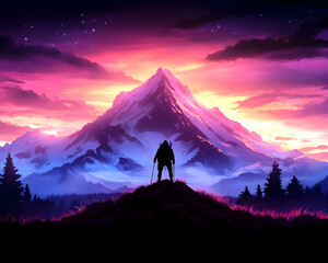 Lone Hiker Contemplates Majestic Sunset Mountain