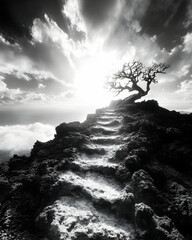 Lone tree atop mountain, sunlit path, dramatic clouds