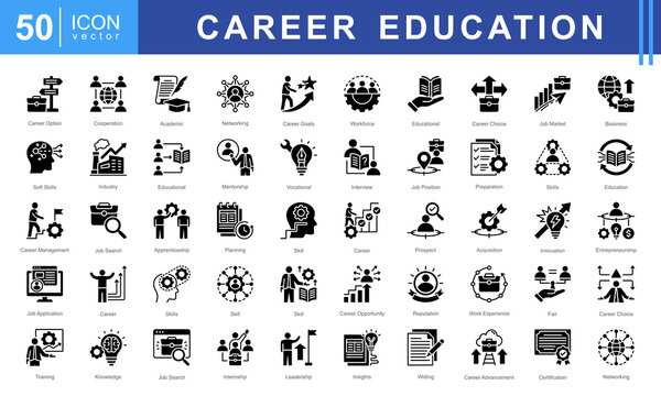 Career Education icon set featuring icons for job search, skill development, mentorship, training, and professional growth. Ideal for career planning, education, and workforce development projects.