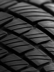 Close-up of a black and white photograph of a tire tread pattern. the tire treads are arranged in a grid-like pattern, with each tread slightly overlapping the one below it.