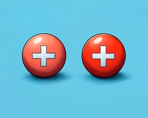 Obraz premium Two red spheres with white crosses on a bright blue surface