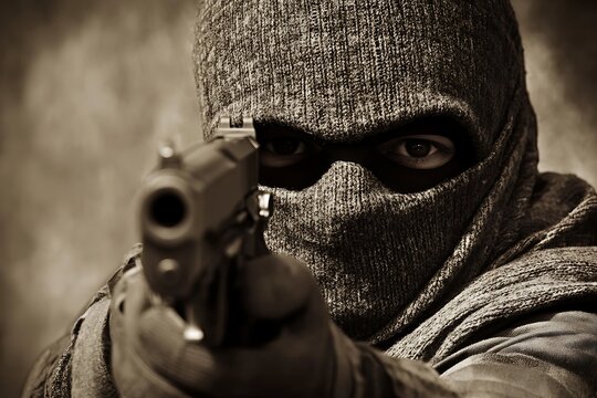 A person wearing a mask holding a gun facing the viewer - Powered by Adobe
