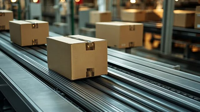 Brown Cardboard Boxes Moving on a Metal Conveyor Belt in a Factory