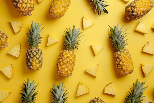 Vibrant arrangement of pineapples and pineapple slices on a bright yellow background showcases tropical freshness and color diversity