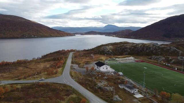 Drone view of Ersfjordbotn's landscapes and waters, Lofoten Islands, Norway