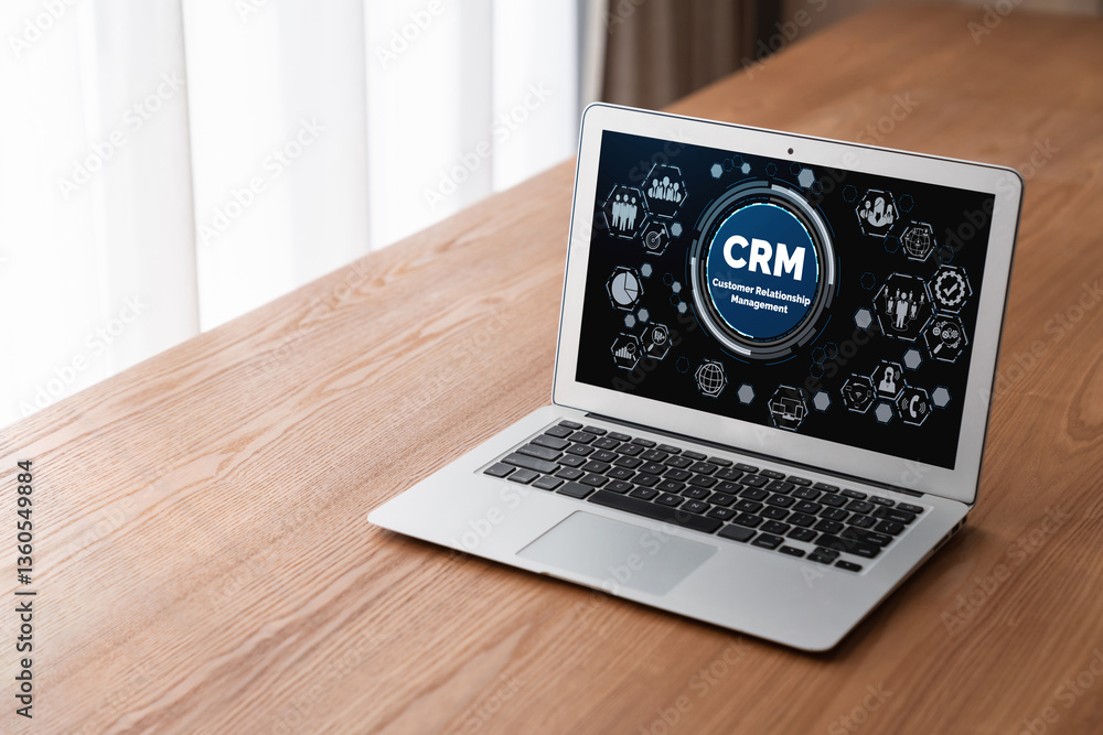 Aufkleber customer relationship management system on modish computer for crm business and enterprise