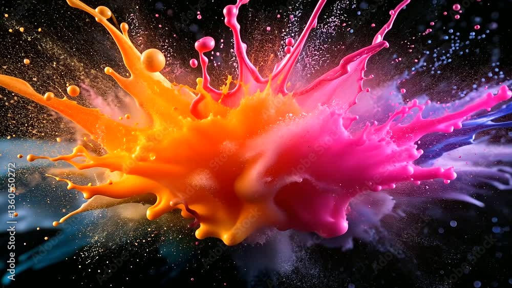 Poster a mesmerizing explosion of multicolored paint splashes frozen in mid-air, forming an intricate abstr
