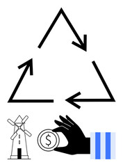Recycling triangle pointing to eco-friendly actions, windmill symbolizes renewable energy, hand with coin signifies economic growth, vertical bars imply balanced development. Ideal