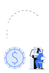Person seated at workstation with computer screen, large dollar coin indicating earnings, transactions, or investments. Ideal for finance, technology, automation, business, cryptocurrency