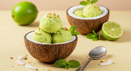 A playful yet elegant presentation of vegan coconut and lime sorbet served in a halved coconut shell, with a sprinkle of toasted coconut flakes and fresh mint leaves.