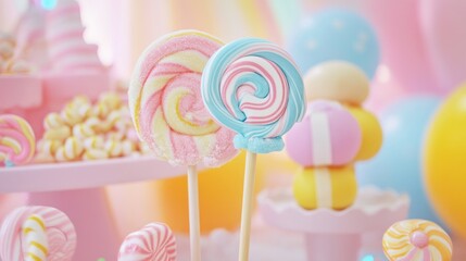 Colorful lollipops on pastel dessert table