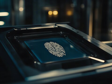 A fingerprint glows brightly on a digital secure device display