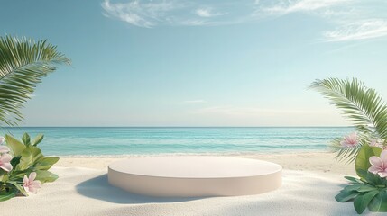 sand beach sea ocean dais empty podium background for product display. summer platform stage pedestal banner for beauty spa sun body care product presentation, summer drink.