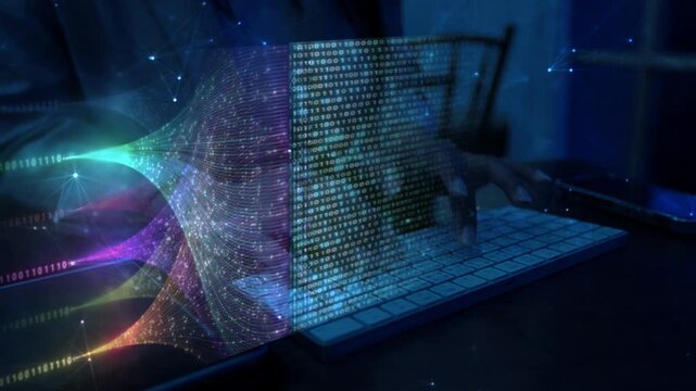 analyst is using big data technology and data science illustration. Data flow concept. Querying, analyzing, visualizing complex information. Neural network for artificial intelligence. Data mining. 