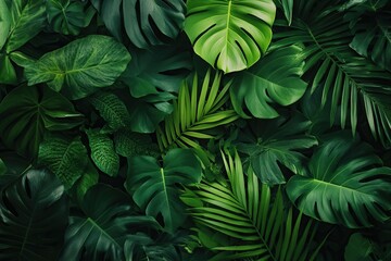 Vibrant green tropical forest leaves creating a lush and serene natural environment
