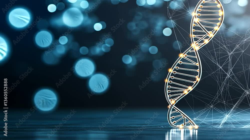 Poster a sleek and modern dna strand with luminous orbs along its structure, surrounded by soft bokeh medic