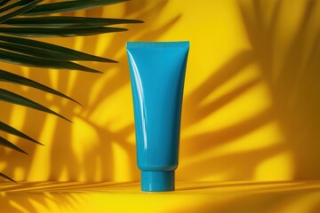 Bright blue sunscreen tube against a vibrant yellow background with palm shadows