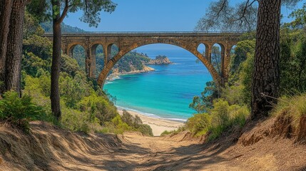 Picturesque arch bridge over turquoise bay, framed by lush greenery