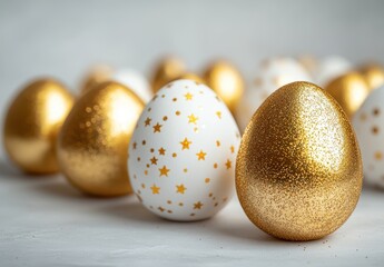Decoratively Crafted White and Gold Eggs with Sparkling Glitter and Star Patterns for Festive Celebrations and Springtime Decorations