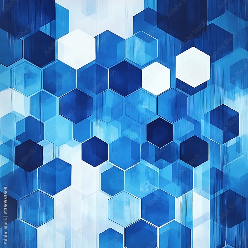 Poster Abstract hexagonal pattern in shades of blue and white