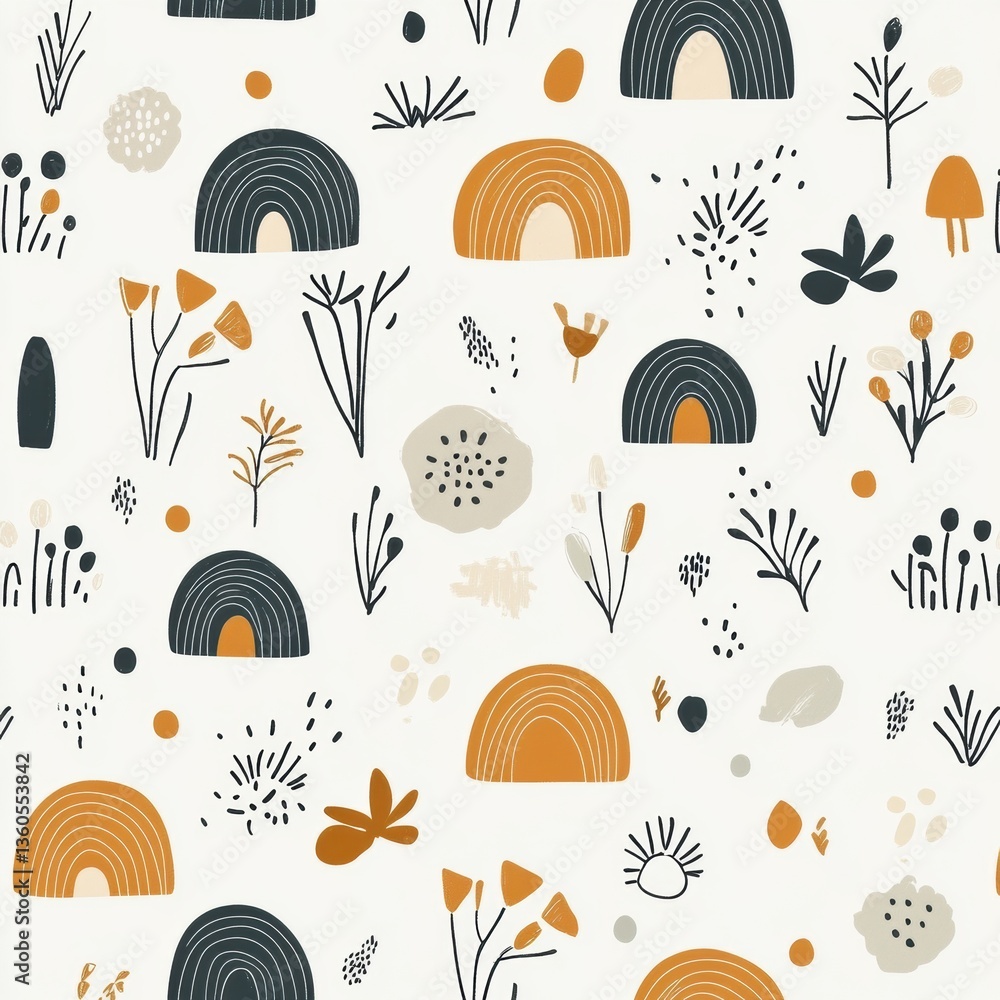 Poster Seamless Scandinavian-style pattern featuring minimalist geometric shapes in neutral earthy tones for a soft organic feel Generative AI