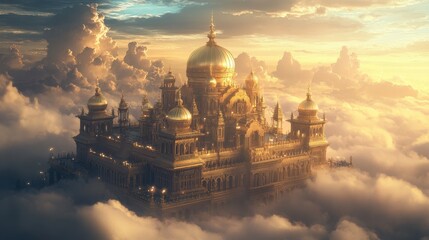 Magnificent castle rises above the clouds at sunset with golden domes illuminating the serene sky