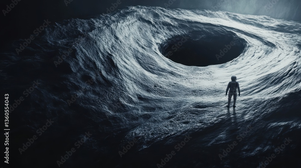 Poster astronaut explores mysterious cosmic vortex in a dark celestial environment