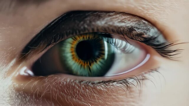 Green eye close up transforming, iris shifting tones while blinking, revealing intricate eye color variation with subtle, fluid movement