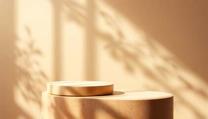 Serene wooden display bathed in warm sunlight, showcasing natural beauty and minimalist elegance with soft light and leaf shadows.