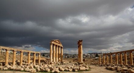 Fototapeta premium Dramatic Sky Over Roman Columns in Jerash, Jordan