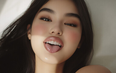close-up young woman portrait, playful expression, radiant skin, beauty makeup, dark hair model, attractive female face, posing headshot 