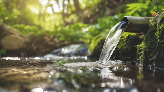 Water streaming from metal pipe into forest creek, revealing pristine natural water source amid verdant landscape