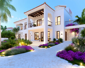Mediterranean villa twilight exterior landscaping design