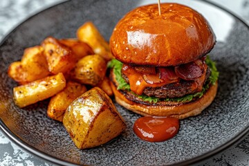 Delicious and appetizing gourmet burger with crispy potatoes, served on a dark plate, featuring juicy meat, fresh lettuce, melted cheese, and a sesame seed bun.