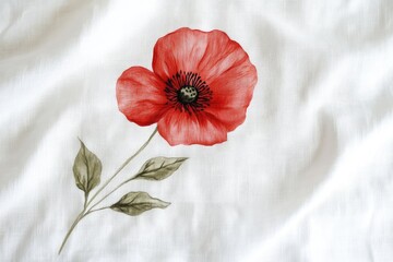A single red poppy flower with green leaves is delicately printed on white fabric.